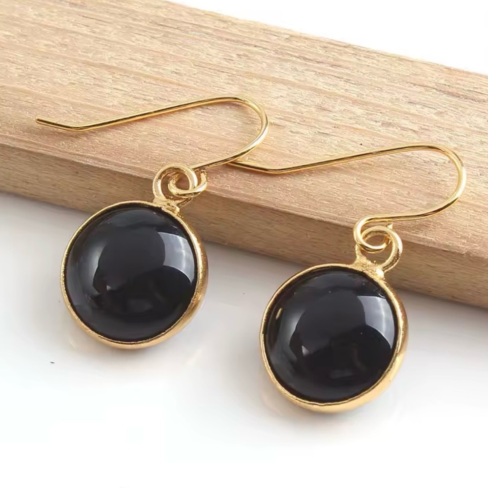 Gold Drop Black Onyx Agate Stone Earrings - Women Jewelry